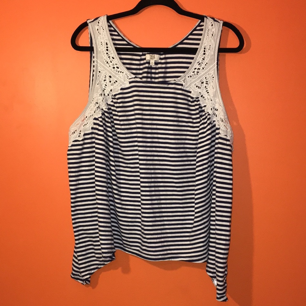 True Craft Navy & White Striped Sleeveless Top with Lace Detail Plus Size 3X